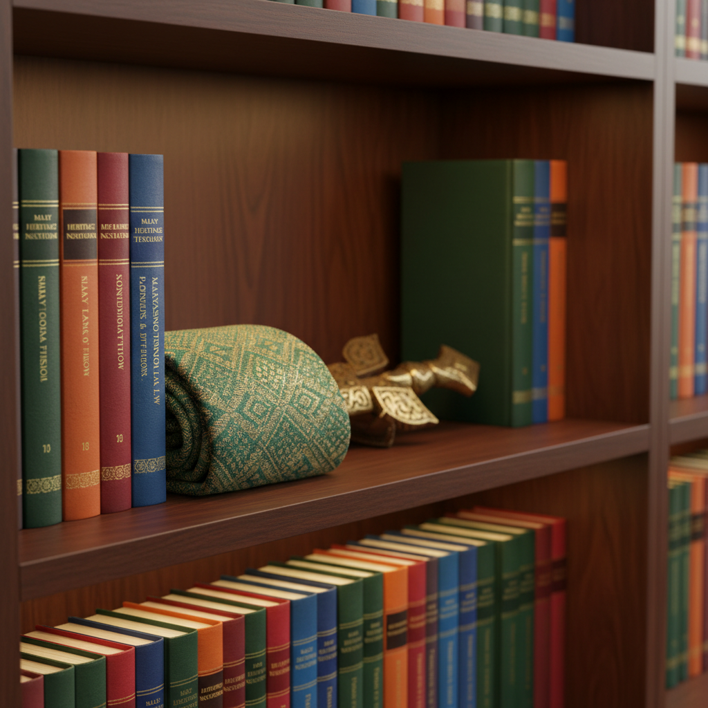 A close-up, photographic shot of a polished dark-wood bookshelf filled with neatly aligned books on Malay heritage, Malaysian constitutional law, and Islamic theology, all with richly colored cloth bindings and subtle gold lettering. On one shelf, a traditional Malay songket textile is carefully folded, its intricate gold and green threads catching the light, beside an ornate brass keris sheath displayed horizontally. Soft, warm studio lighting from the side creates gentle highlights on the metal and fabric textures while leaving the book spines in semi-shadow. Captured with a shallow depth of field at a slightly angled perspective, the foreground objects are tack sharp while the background shelves blur into bokeh, conveying a sense of depth, sophistication, and cultural gravitas for a sidebar or category image.
